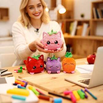 1pc Creative Cartoon Fruit & Vegetable Series Plush Cat Doll Soft Stuffed Plush Doll Strawberry Cat, Apple Cat, Eggplant Cat, Carrot Cat Plush Doll Pillow, Children Comfort Companion Doll, Birthday/Christmas/Valentine's Day Gift