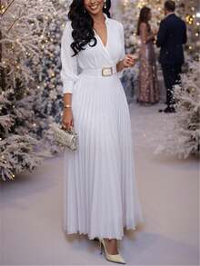 Elegant Pleated A-Line Dress With Waist Belt, Solid Color, Waistline Design, Suitable For Spring And Summer, Graceful Lady Style - trắng - Xem 1