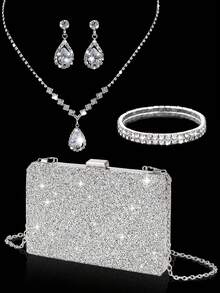 Elegant Women's Rhinestone Evening Clutch, Sparkling Luxury Rhinestone Jewelry Set Sparkling Necklace Earrings Bracelet Set Glitter Charming Clip Box Bag, Set Of 4 Rhinestone Ear Clips Bridal Wedding Choker Bracelet Pendant, Sparkling Purse, Perfect For Party, Wedding, Prom, Dinner/Banquet, Wedding Dress, Formal Wear, Prom Dress, Birthday Dress - Silver - View 3