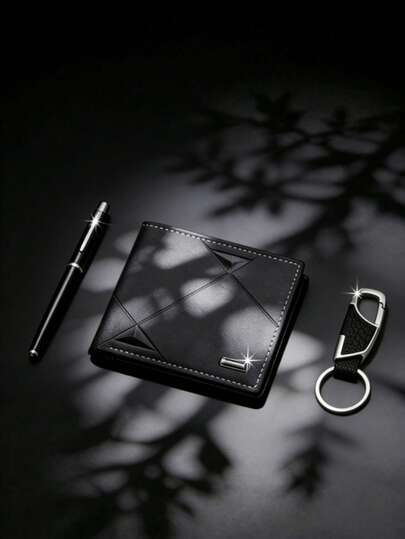 3件套男士圣诞钱包套装，含笔和钥匙扣，商务风格，日常及工作必备，适合作为圣诞节、生日、情人节、周年纪念日礼物（无包装盒）