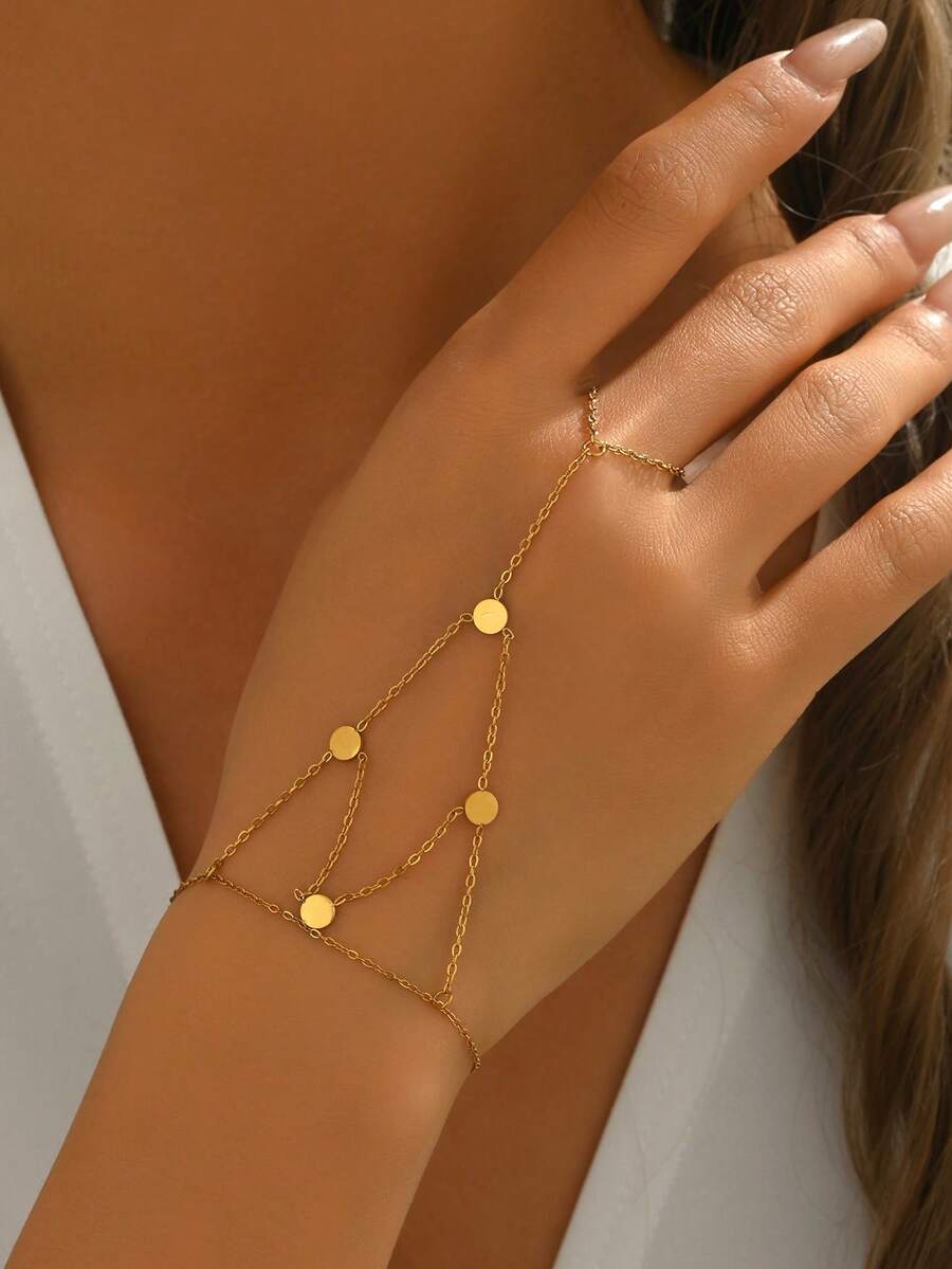 LIEBEIRIS 1pc 18K Gold Plated Minimalist Geometric Circular Stainless Steel Hand Chain, Suitable For Women's Daily Wear And Gift Giving - Yellow Gold - View 1