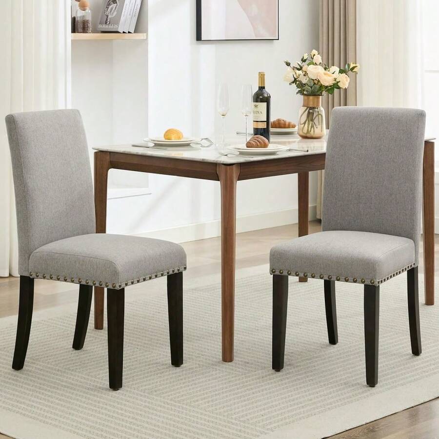 Juego de 2 Sillas de Comedor, Sillas de Cocina Acolchadas con Botones, Sillas de Comedor Tapizadas en Tela con Patas de Madera y Asiento Acolchado para Comedor, Cocina, Restaurante - Remaches grises 2 piezas - Ver 1