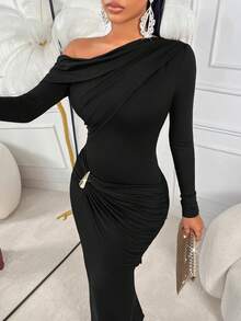 AIJ Women's Elegant Black Knit Long Sleeve Asymmetric Neck Ruched Bodycon Dress, Pencil Skirt Hem, Gold Button Detail - Black - View 6