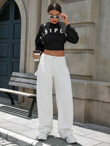 快乐女孩夏季性感音乐节低腰阔腿年轻大学生百搭休闲度假时尚酷炫女式Y2K千禧白色牛仔裤 - 白色 - 查看 5