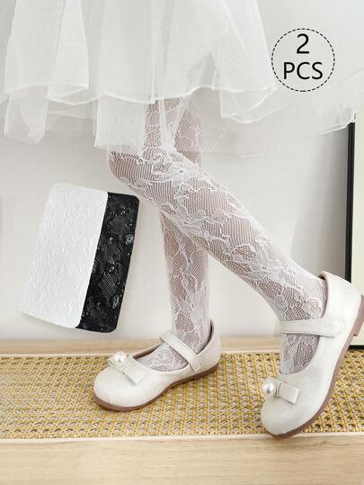2pcs Girls & Toddlers Floral Jacquard Leggings, Black & White Solid Color, Rose Flower Mesh Footless Tights, Cute Collegiate Style Footless Pants, Suitable For Daily Wear, Match With Skirts, Shorts, Shoes, Back To School Season