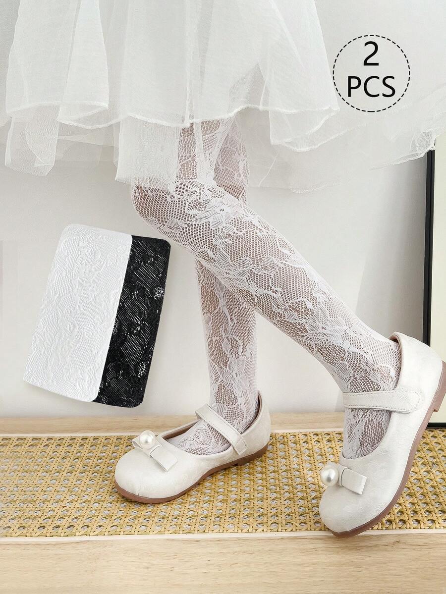 2 件女童和幼儿花卉提花紧身裤，黑白纯色，玫瑰花朵网眼无脚紧身裤，可爱的学院风无脚裤，适合日常穿着，搭配裙子、短裤、鞋子，开学季 - 彩色 - 查看 1