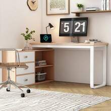 Simple Desk, Office Desk, Three Drawers, Two Open Shelves, Solid Steel Tubing, Wide And Thick Tabletop, Stable Load-Bearing Capacity, Natural - Natural Color - View 3