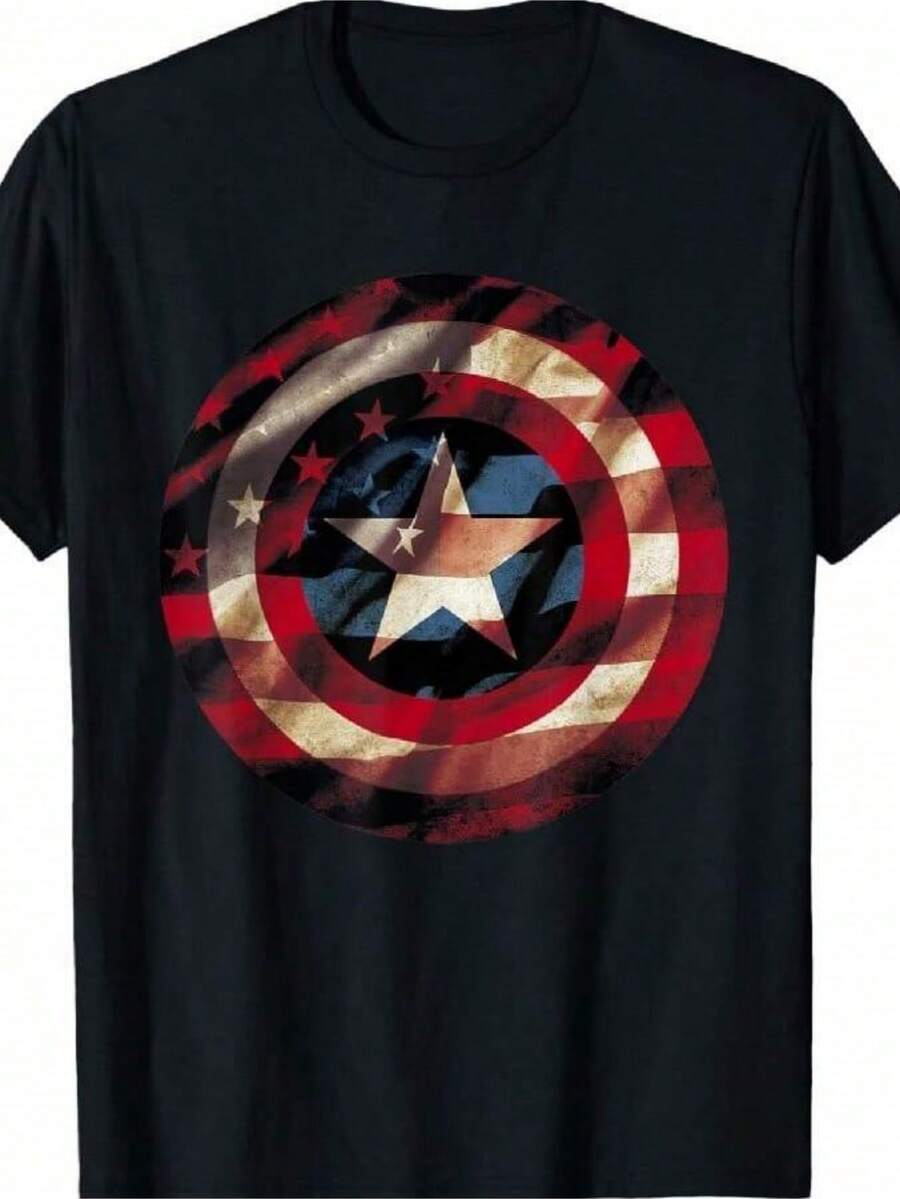 Marvels Comics Captain Americas Graphic Flag Fill Shield T-Shirt - 黑色 - 查看 1