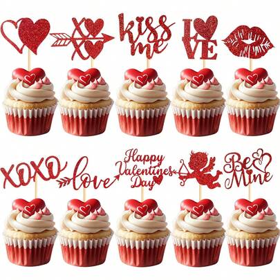 Happy Valentine Cupcake Toppers,Glitter Cupid Heart Lip Be Mine XOXO Cupcake Picks For Valentine Theme Wedding Party Cake Decorations Supplies,Red
