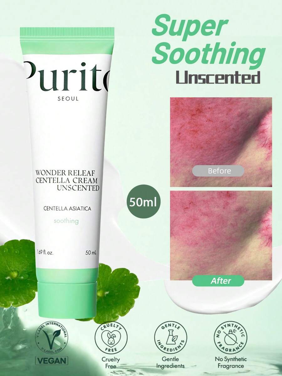 Purito 50毫升/1.7液盎司积雪草无香保湿霜，韩国积雪草提取物，适合所有肤质，包括敏感肌肤，舒缓保湿，无香型，韩国化妆品