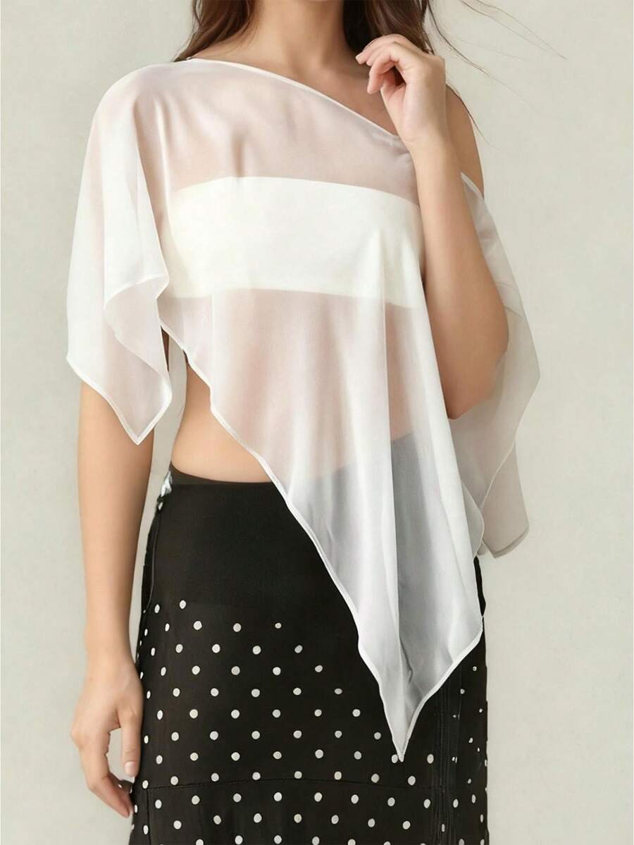 Sheer Mesh Poncho For Maternity Women Loose Solid Boat Neck Irregular Coverup Tops Casual See Through Shrug - White - View 1