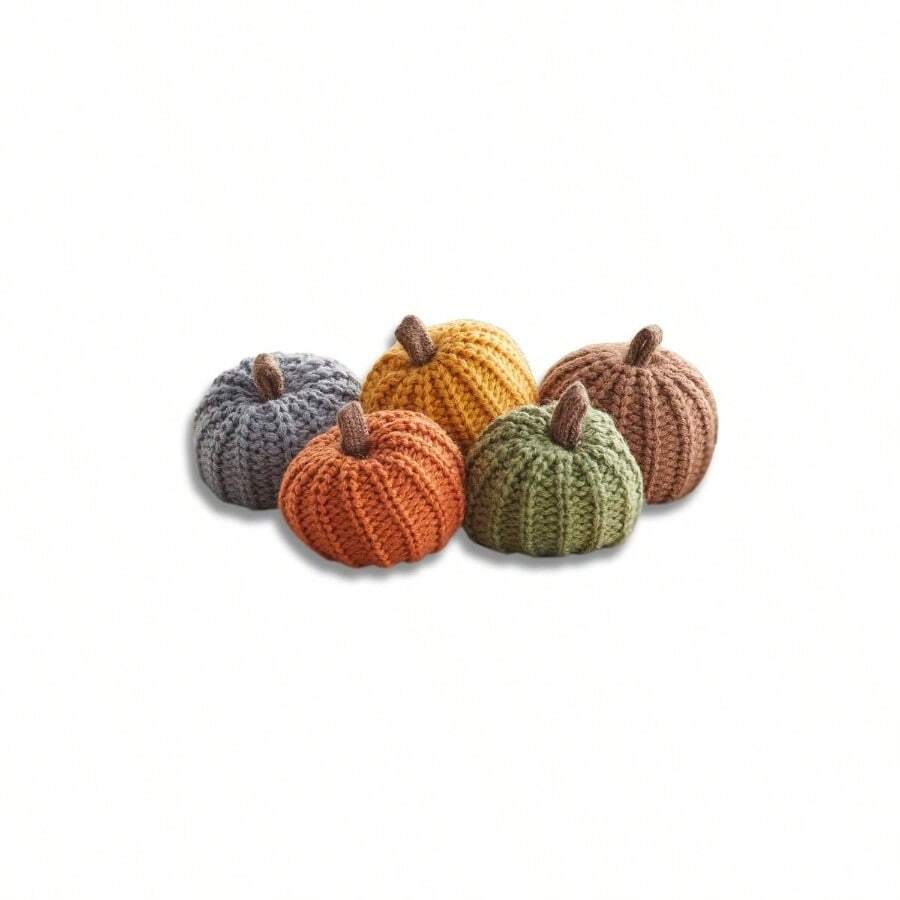 Knit Pumpkins Set Of 5, Fall Favorite, Gifts Women, Autumn Bowl Fillers Fall Farmhouse Tier Tray Decor, Decorative Pumpkins Friend Autumn Set - 迷你大地色系套裝 - 查看 1