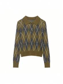 Camellia New Autumn/Winter Women's Fashion Minimalist Versatile Argyle Pattern Polo Neck Long Sleeve Knit Sweater