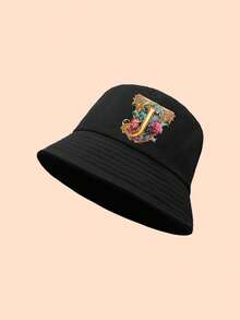 1 Stück Blume Muster 26 Buchstaben Kinder Fischerhut, modisch & vielseitig, geeignet für Mädchen Rückkehr zur Schule Alltagskleidung und Sonnenschutz - Schwarz - Übersicht 26