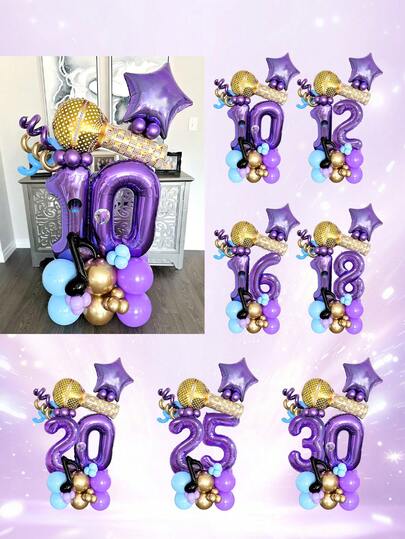 43pcs Microphone, Number, Star, Music Note Balloon Set, Includes Purple Digits, Microphone, Pentagram, Music Note Balloons, Gold, Purple, Blue Latex Balloons, Suitable For Disco Theme Party, Birthday, Wedding, Kpop Music Hunter Theme, Competition Decoration, Cosplay Props, Hip Hop 80s 90s Party Decor
