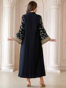 Long Sleeve Notched Neck Woven Fabric Arabian Dress With Exquisite Gold Embroidery And Tassels Elegant Full-Length Abaya For Women - Black - View 2
