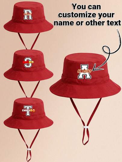 1pc Toddler Burgundy 26 Letter Bucket Hat With Drawstring, Customizable With Personal Text Like Name, Birthday, Address, Fashionable & Lightweight Sun Hat, Suitable For Boys & Girls Outdoor Activities In Spring/Summer