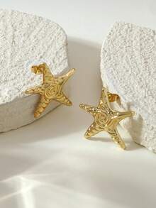 VceTd 4 Pairs Stainless Steel Ocean Element Starfish Shaped Stud Earrings, Starfish & Shell Earrings, Suitable For Women's Daily Wear Or Vacation, Great Gift For Best Friends On Holidays - Yellow Gold - View 8