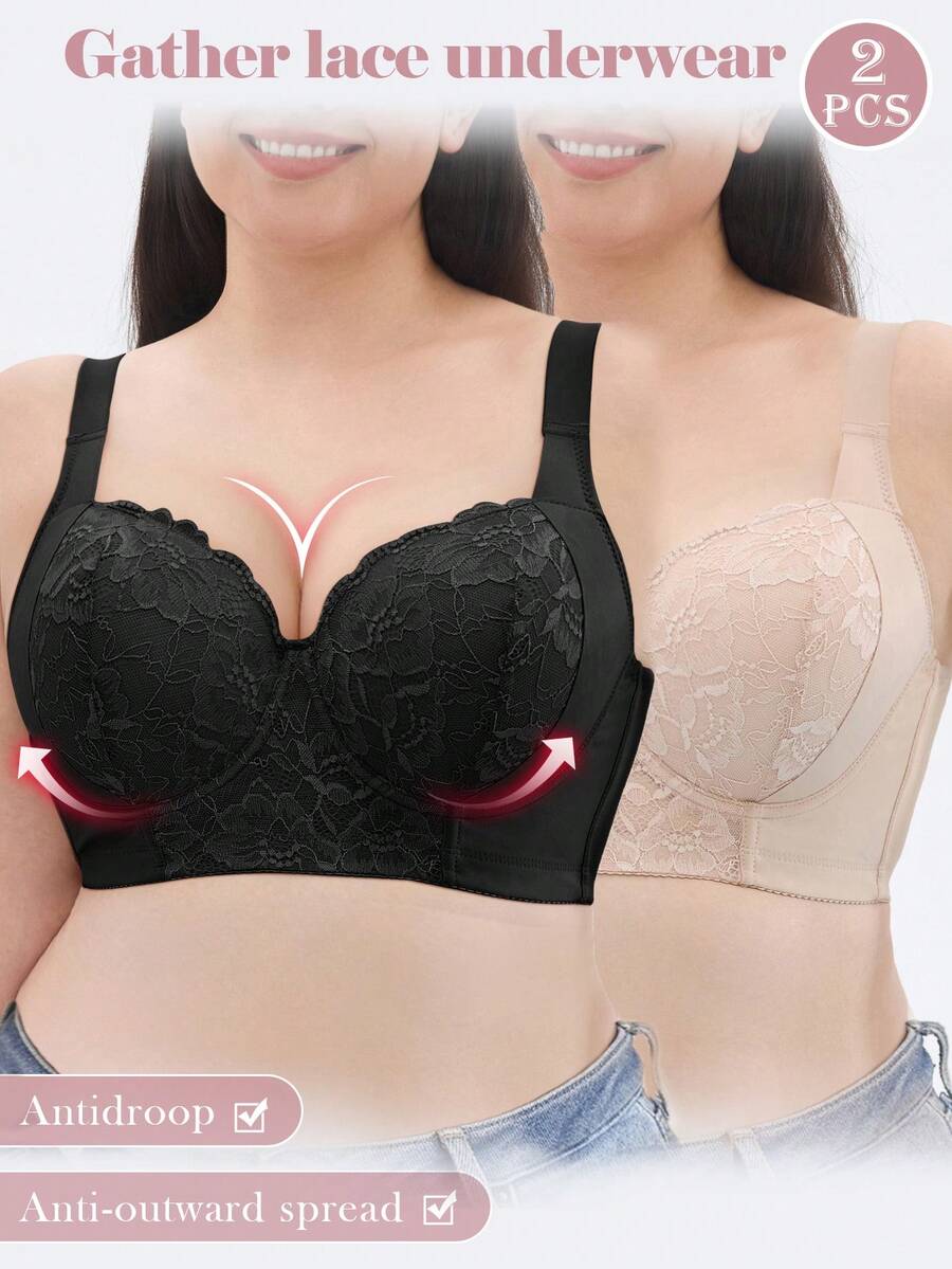 2 Pieces Lace Splicing Bra For Women Plus Size - Sexy Push-Up, Seamless Simple, Cozy Autumn Halloween Costume Lingerie
