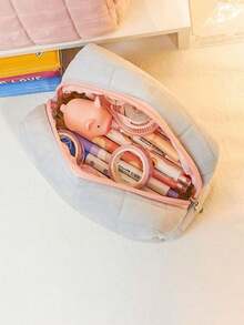 1pc Plush Pencil Case, Checkered Pattern, Soft Suede Material, Multiple Colors Available (Pink, Blue, White), Large Zipper Travel Toiletry Bag, Portable Multi-Function Large Capacity Bag, Cute Makeup Brush Organizer,Stationery