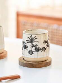 4pcs Minimalist Ceramic Mini Espresso Cups Set With Wooden Tray, Small Capacity Concentrated Coffee Cups, Coconut Tree Design Tasting Cups, Suitable For Home, Office, Cappuccino, Latte, Couple Cups