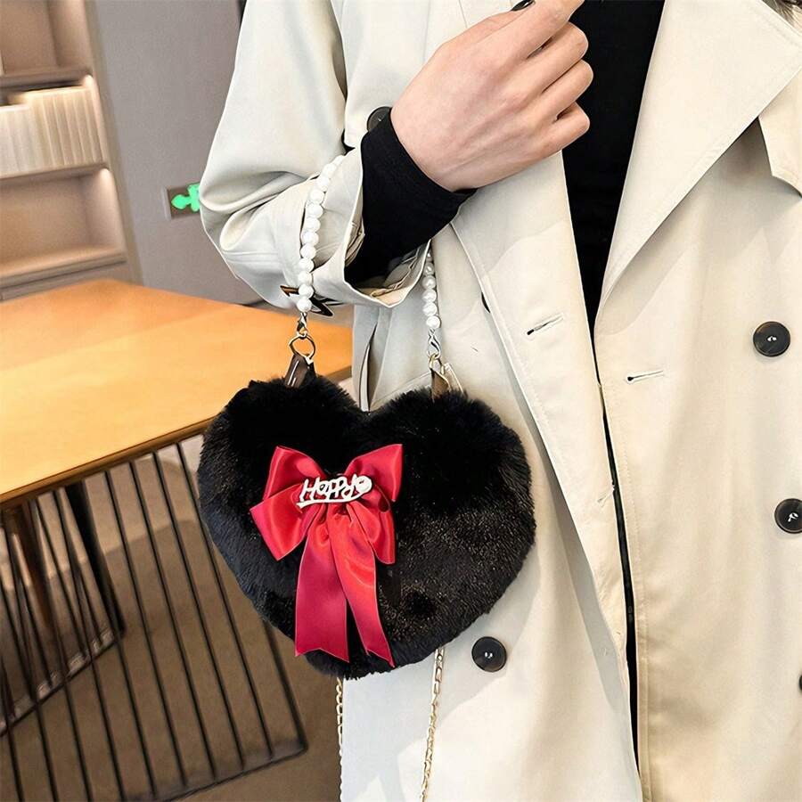 Bolso bandolera con forma de corazón para mujer, con cremallera, elegante lazo decorativo y peluche. - Negro - Ver 1