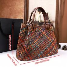 时尚旅行编织手提包，大容量单肩包，随机撞色水桶包，通勤包，头层牛皮和真皮女士包 - 彩色 - 查看 10