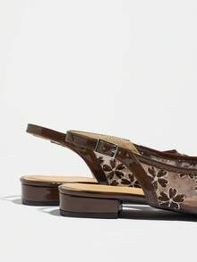 女士时尚网纱刺绣凉鞋，新款闭趾粗跟低跟拖鞋，透气舒适 - 棕色 - 查看 9