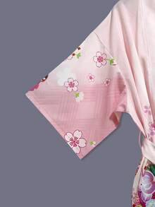 日式印花中长款和服开衫薄外套，欧美优雅风，春夏街头休闲罩衫，海滩度假旅行羽织，薄款斗篷外套，浴衣罩袍 - 粉色 - 查看 5