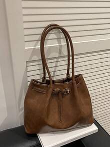 复古麂皮大容量休闲单肩托特包，撞色拼接托特包，优雅百搭女士通勤包 - 棕色 - 查看 7