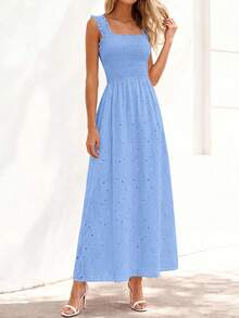 Women's Bohemian Eyelet Lace Cotton Smocked Sleeveless Square Neck Maxi Dress For Spring & Summer Beach Vacations - 淺藍色 - 查看 1