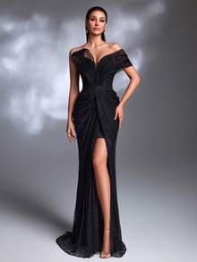 Black Shiny Lace Textured Off-The-Shoulder V-Neck, Pleated Cross Lace-Up Open Back, High Slit Tulle Train, Sexy, Elegant, Light Luxury High-End Evening Dress - Black - View 5