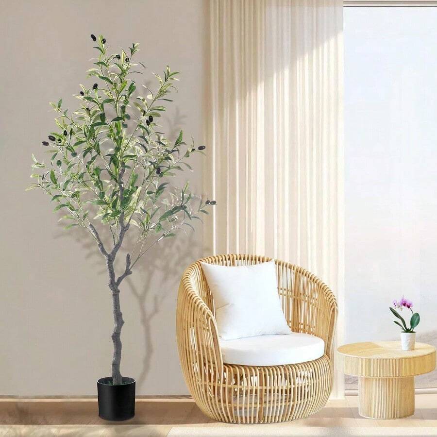 120 cm Olivo ArtificialPlanta Artificial Grande para Decoración de Interiores Tronco Extraíble con Tronco de Madera Natural y Frutos Realistas Ideal para Decoración del Hogar y la Oficina - Verde - Ver 1