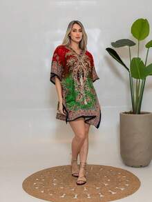 KIARA BRAZIL Women's Kaftan  Print Short Boho | Loose Dress Summer Beach Vacation - AE- 25103 - 紅色 - 查看 2