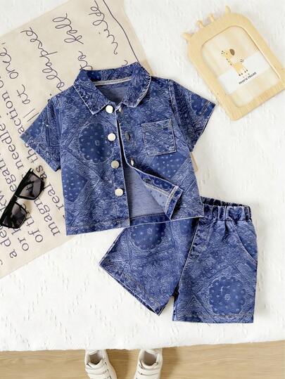 男婴复古碎花牛仔衬衫+短裤两件套，透气休闲套装，适合日常/户外穿着，夏季