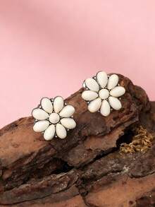 1对复古西部风格绿松石耳环，时尚新款合金镶嵌绿松石花朵耳钉