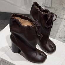 Cowhide Edition~Autumn/Winter New Wide Walled Laced Split Toe Pig Hoof Boots For Women, Real Leather Versatile Western Boots For Women - Màu nâu (một lớp) - Xem 1