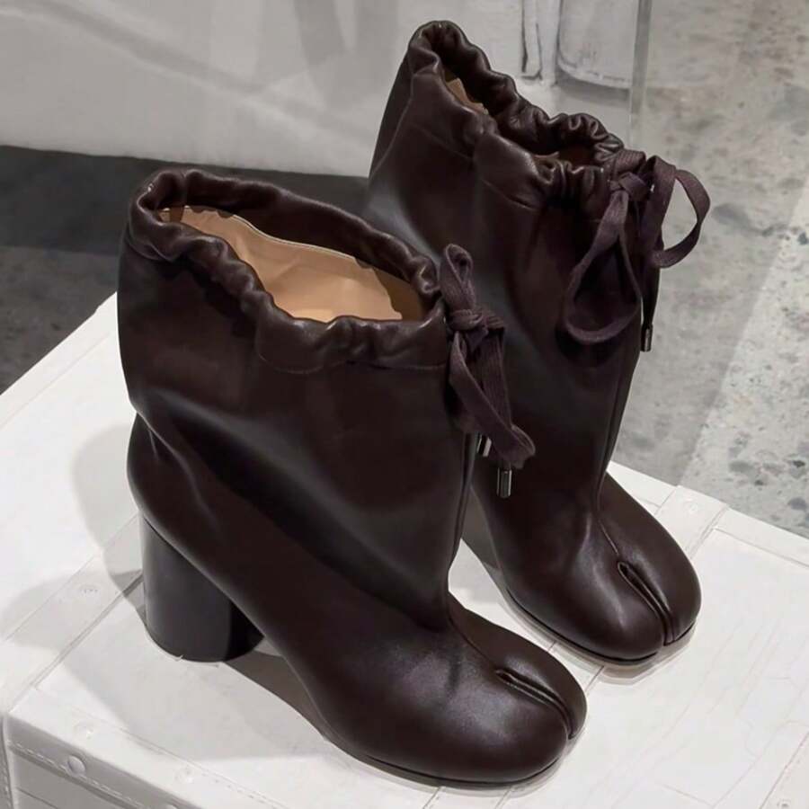 Cowhide Edition~Autumn/Winter New Wide Walled Laced Split Toe Pig Hoof Boots For Women, Real Leather Versatile Western Boots For Women - Màu nâu (một lớp) - Xem 1