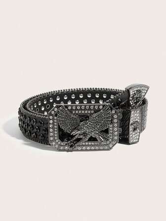 1pc Western Style Men's Belt, Vintage Black Crystal Studded Metal Eagle Decor Leather Belt, Y2K Rockstar, Streetwear, Suitable For Jeans, Casual Pants, Outdoor Activities, Valentine's Day, Halloween, Music Festivals, Graduation, Birthday Gift, All Season
