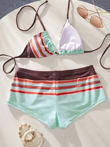Women's Summer Red Striped Retro Camisole Bikini Set, Suitable For Country Music Festivals, Outings, Y2K Style