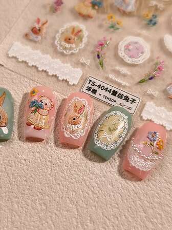 1 pieza Lindo diseño bordado de conejo para manicura francesa, pegatina de arte de uñas de cristal diamante 5D en relieve de alta calidad, diseño de calcomanía artística, pegatina de uñas de gemas para aplicar, accesorio de decoración de uñas, manualidades, decoración de uñas, decoración de estuche de teléfono, decoración de libros hechos a mano