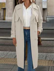 女士简约长款风衣，适合春秋季穿着，配有腰带和口袋，可搭配各种场合。 - 白色 - 查看 4