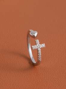 1 Anel Aberto em Forma de Coração Micro Incrustado com Temperamento Feminino, Anel de Dedo Indicador Versátil em Forma de Coração de Luxo Leve