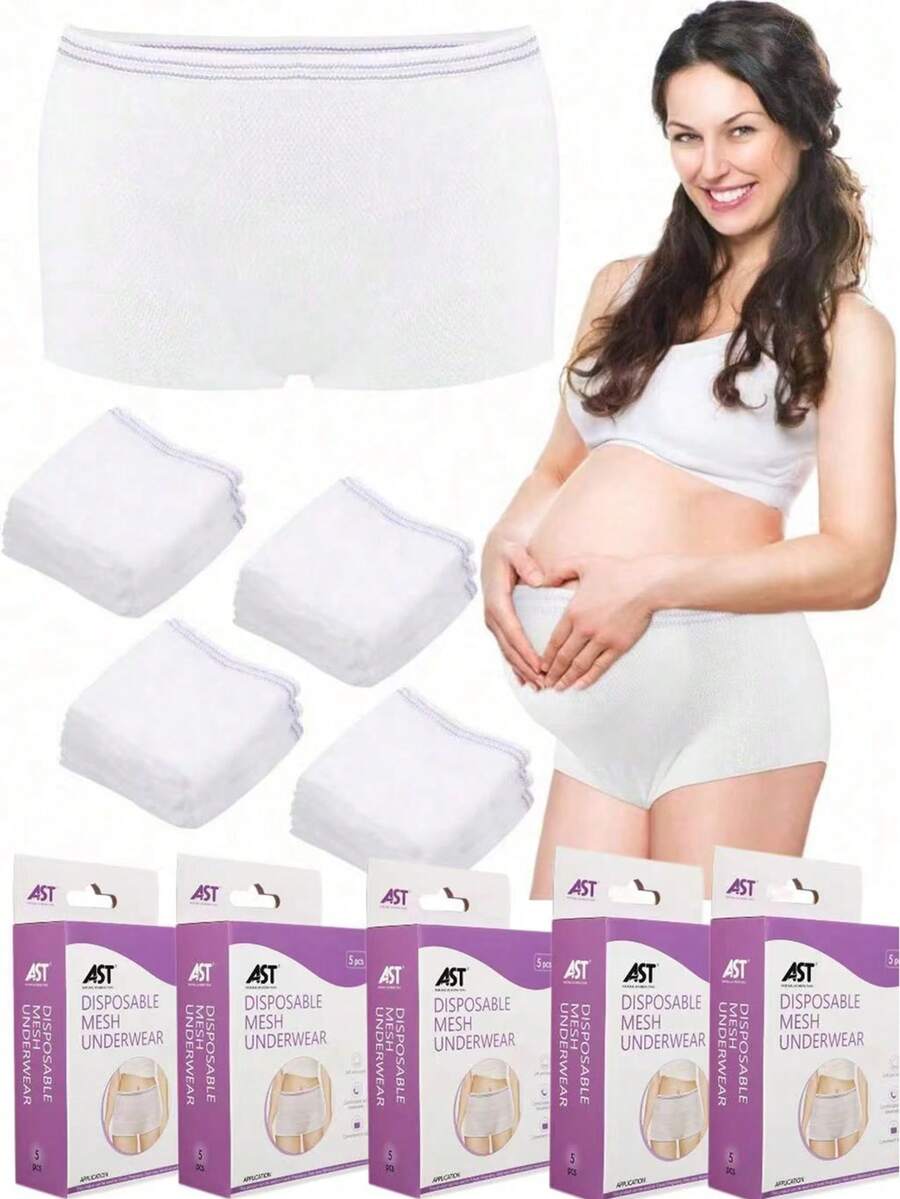 1 Box Of 5-Piece Disposable Maternity Elastic Underwear, High Elastic Waist Circumference, Disposable Mesh Pants With Padding, AST Flat Bottom Pants, Made Of Polyester And Spandex Materials, Soft And Breathable, Comfortable, Lightweight And Stress Relieving