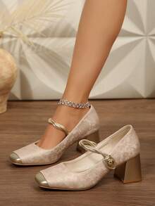 Women's High Heels, Round Toe, Embroidered Design, Chunky Heel, Single-Strap Buckle, Solid Color Design, Elegant And Unique, Casual And Comfortable, Suitable For Parties, Banquets, And Everyday Commuting. Local Warehouse. - Màu be - Xem 2