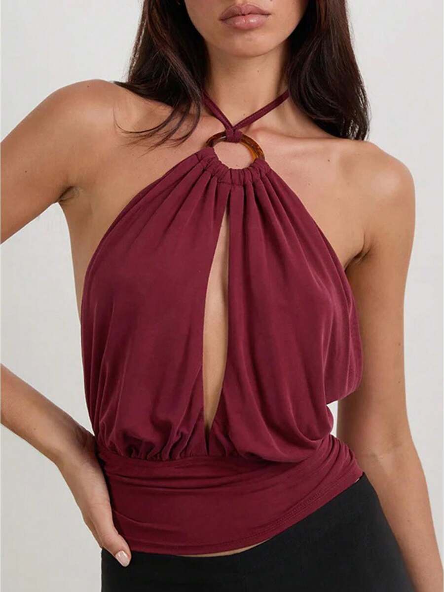 Women Y2K Solid Color Plunge Top Causal Cowl Neck Sleeveless Slim Fit Backless Halter Shirt Summer Streetwear - 紅色 - 查看 1