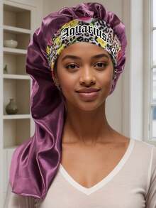 1pc Geometric & Leopard Print Polyester Satin Bonnet, 12 Constellations Personalized Printed Satin Wide-Brimmed Elastic Sleep Cap Hat (Random Printing Pattern) Hair Sleep Cap - Bean Paste Color 15/3 - View 23
