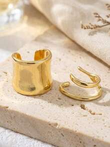 2pcs Women's Clip-On Earrings Set - Wide Circle Double Loop Clip Earrings - Simple Thick Stacked Ear Cuff Jewelry Gift - Multicolor - View 7