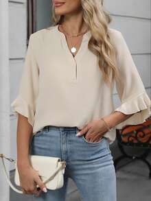 Plus Size Women's Solid Color Ruffle Sleeve V-Neck Blouse