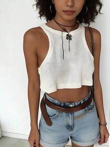 Women's Minimalist Solid Color Cropped Knit Tank Top - White - View 4